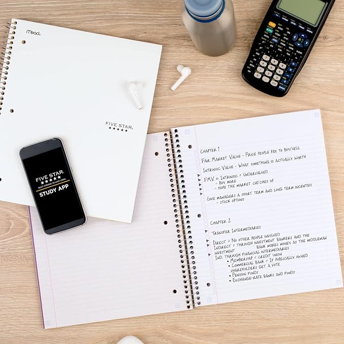 Five Star Spiral Notebook, 5 Subject, College Ruled | 8-1/2" x 11" | 200 Sheets | Water Resistant Cover | White | Pack of 6