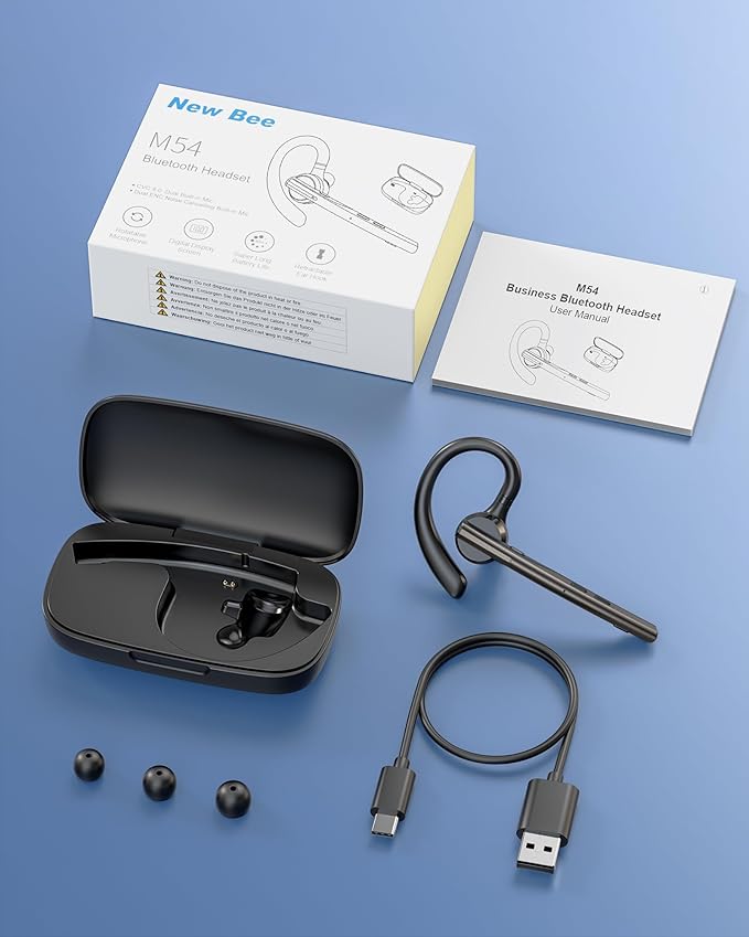New Bee Bluetooth Headset V5.1 72H Talk Time Dual Mic with Mute Button for Business, Wireless Hand-Free Bluetooth Earpiece with 500mAh Charging Case for Cell Phone Calls Trucker Driver Laptop