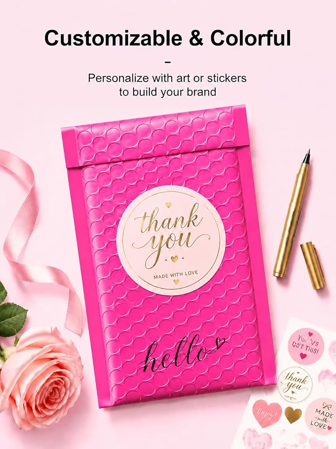 GSSSUSA Pink Bubble Mailers 4x8 Inch 50 Pack Small Padded Envelopes | Usable Size 4x7 Inch Shipping Envelopes Self Seal Small Packaging Supplies Shipping Bags for Mailing Jewelry,Small Business