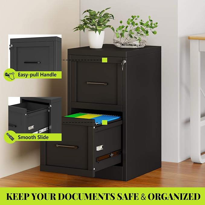 2-Drawer Metal File Cabinet with Lock, Narrow Vertical, Black | Metal vertical filing cabinet with adjustable rails for Letter, Legal and A4 folders; one lock secures both drawers
