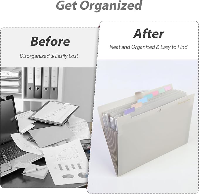 SKYDUE Expanding File Folder, Accordion File Organizer with 8 Pockets, Expandable Document Paper Receipt Holder for School Office Hospital, Letter/A4 Size Gray