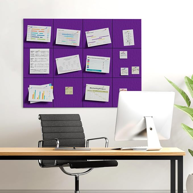 MaxGear Felt Bulletin Board 48" x 36", Violet Felt Wall Tiles Wall Decor | Modern Cork Board For Office Alternative, 12 Pack 11.8" x 11.8" Wall Panels With Push Pins, Vision Board Office & Home Decor