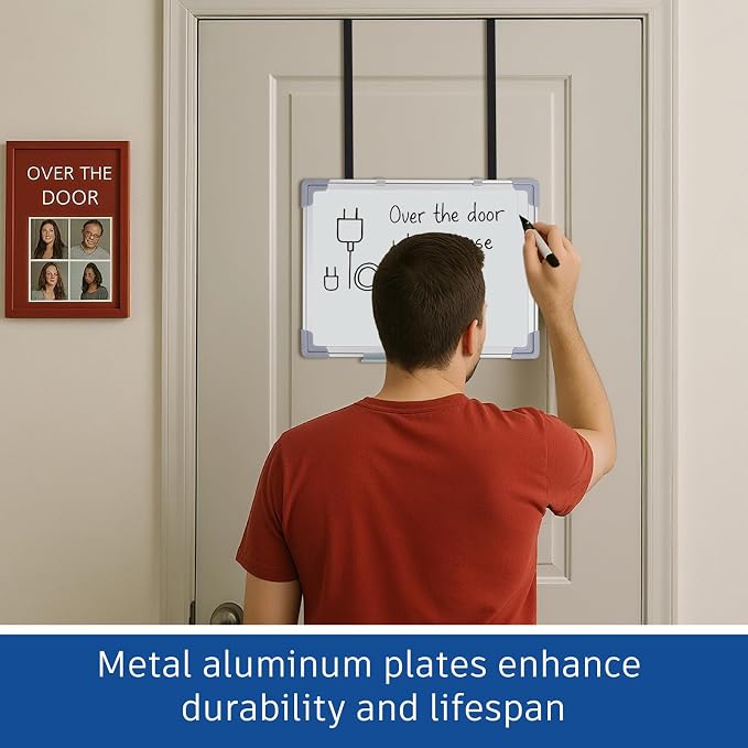 16 x 12 Inch Over the Door Whiteboard Hanging Dry Erase Board for Door 4 Adjustable Heights Aluminum Frame Small White Board for Dorm Home Office Cubicle Wall, Horizontal Vertical Installation