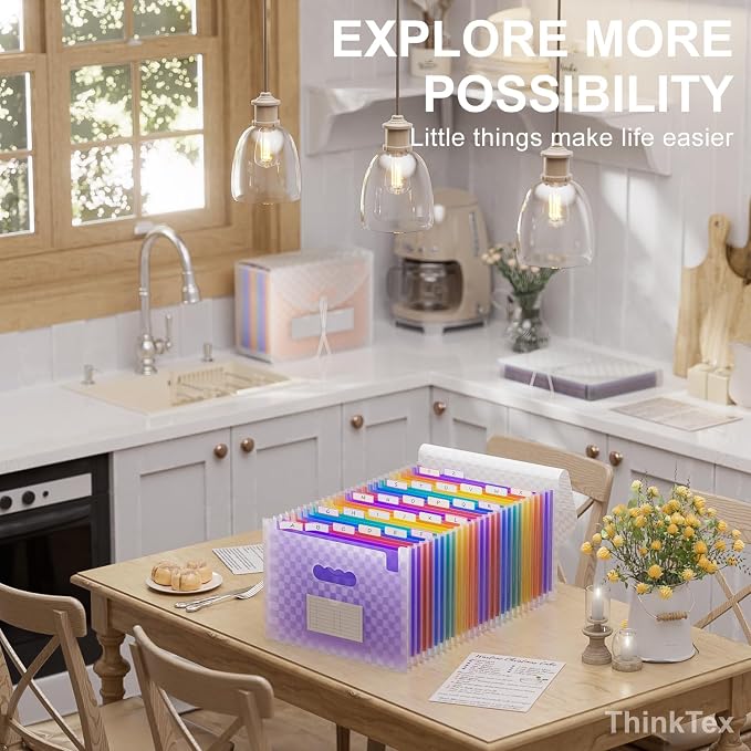 ThinkTex 26 Pockets Expanding File Folders, Accordion File Organizer | Monthly Bill Receipt Documents Organizer, A-Z Colorful Tabs, Letter/A4 Size for Classroom Office Home Hospital - Purple