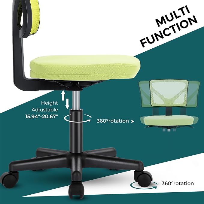 DUMOS Armless Desk Chairs, Small Home Office Mesh Chairs | Ergonomic Adjustable Mid Back, Swivel Rolling Task, Computer Work Vanity Small Spaces, Bright Green