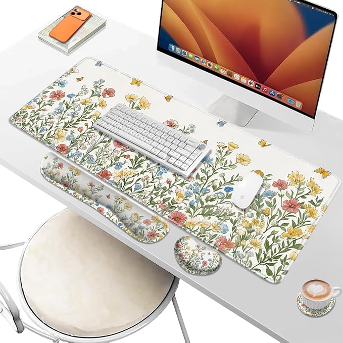 Desk Pad and Keyboard Wrist Rest, Large Mouse Pad + Keyboard Pad+Mouse Wrist Support, Non-Slip Desk Mat Protector for Office, Home 31.5×11.8 Inches Spring Floral