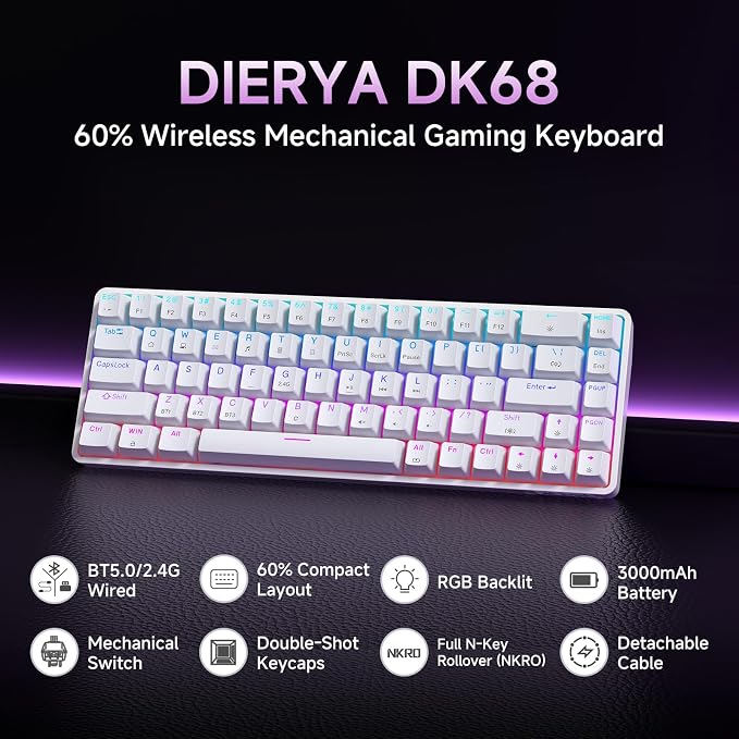 DIERYA DK68 60% Wireless Mechanical Gaming Keyboard, 3-Mode, Bluetooth 5.0/2.4G/USB-C, RGB Backlit, 68-Key Compact Mini for Windows, Mac, Linux - Linear Red Switch - White