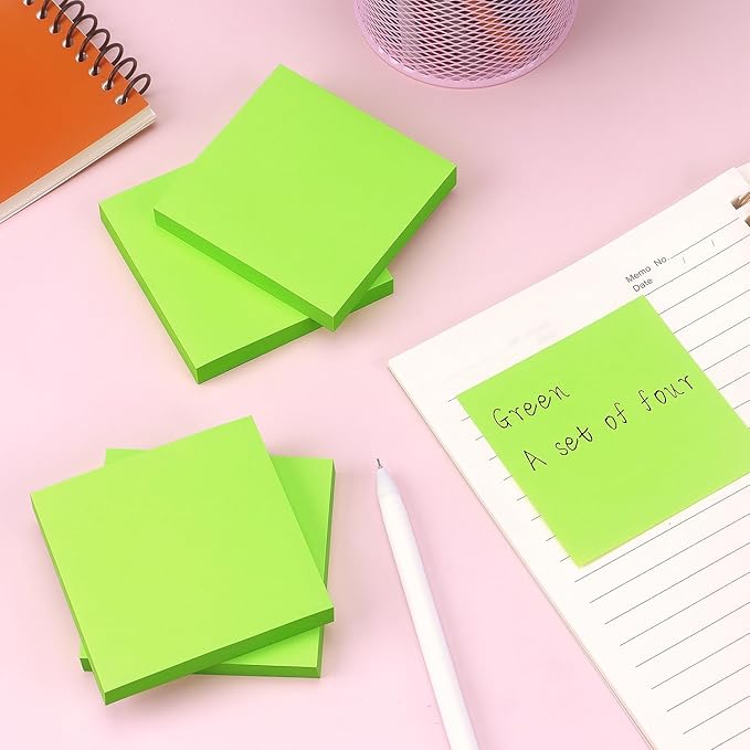 Sticky Notes 3x3 in, Self-Adhesive Note, 4 Pads, 100 Sheets/Pad (Green) | Perfect for Home, Classroom, and Workplace Organization
