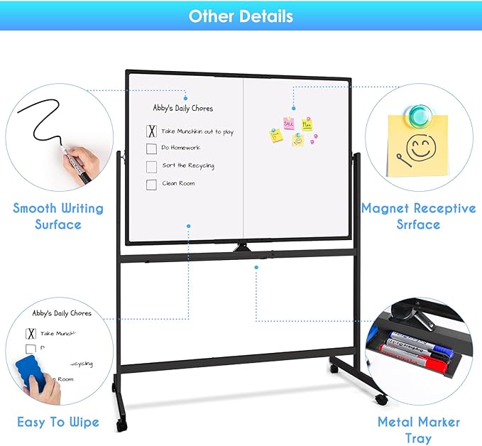 Maxtek Rolling Whiteboard 48x36 Large Magnetic White Board on Wheels Black | Double-Sided Big Standing Dry Erase Board, Large Portable Writing Surface for Office, School, Home Office, and Homeschool