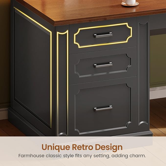 SEDETA Farmhouse 78.8" L Shaped Desk with 6 Drawers, Home Office Desk with Power Outlet, File Cabinet Storage, Wood Corner Computer Desk for Work and Study, Black+Brown
