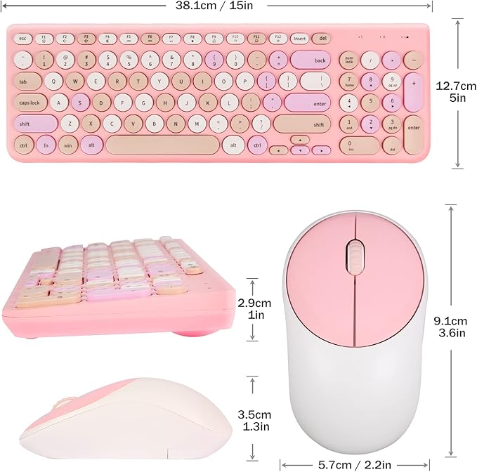 Wireless Keyboard and Mouse Combo, Retro Typewriter Keyboard with Round Keycaps, 2.4GHz USB Cute Wireless Keyboard Mouse for Computer, Desktop, Laptop and Computer (Pink-Colorful)