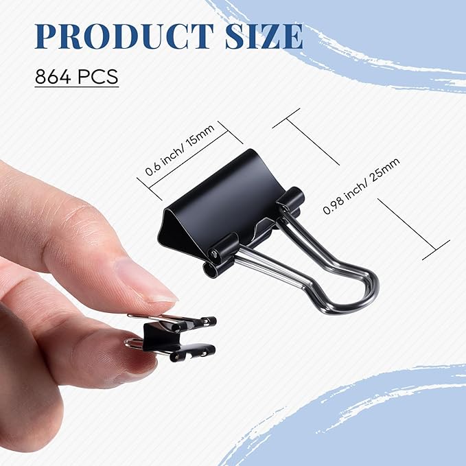 Small Binder Clips 864 PCS - Mini 15mm Paper Clip 5/8 Inch Paper Clamps | Bulk Micro Black Metal Binding Paperwork Clamp, School Teachers Office Supplies