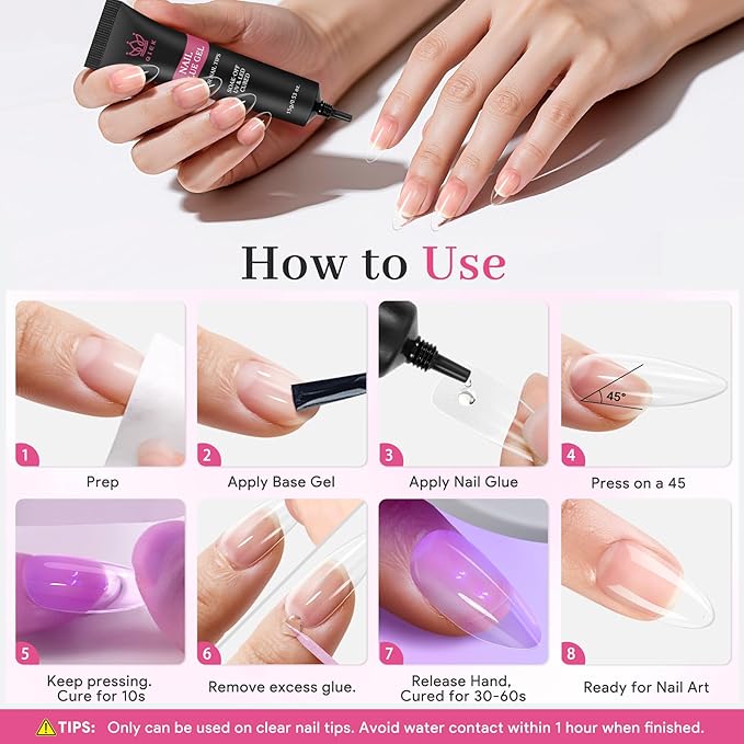Nail Tips Gel Glue 15g - Lamp Curing Solid Nail Glue for False Acrylic Nails, Crystal Clear Long Lasting 28 Days No Yellowing Salon Quality DIY Home Manicure Beginner-Friendly