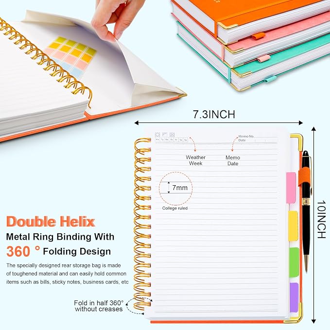 Hardcover Spiral Notebook 8"x10" Journal Notebook with Tabs and Removable Dividers 300 Pages 5 Subject Notebook College Ruled, Faux Leather Spiral Bound Notebook for Women School Work (Orange)