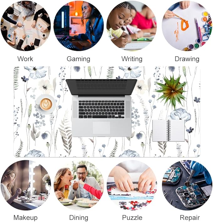 QiyI PU Leather Large Mouse Pad, Office Decor, 31.5" x 15.7", Blue Flowers | Desk Décor Accessories, Extended Size, Waterproof & Easy to Clean, Smooth Surface, Non Slip Desk Organization