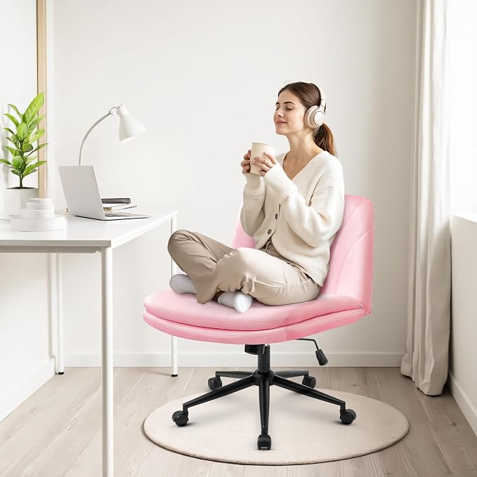 Orange Factory Criss Cross Chair, Wide Leather Vanity Desk Seat, Pink Pu | Cross-Legged with Dual Base with Wheels or Pads, 360° Swivel, Height Adjustable, Comfy Mid-Back for Office,Desk, Task Work