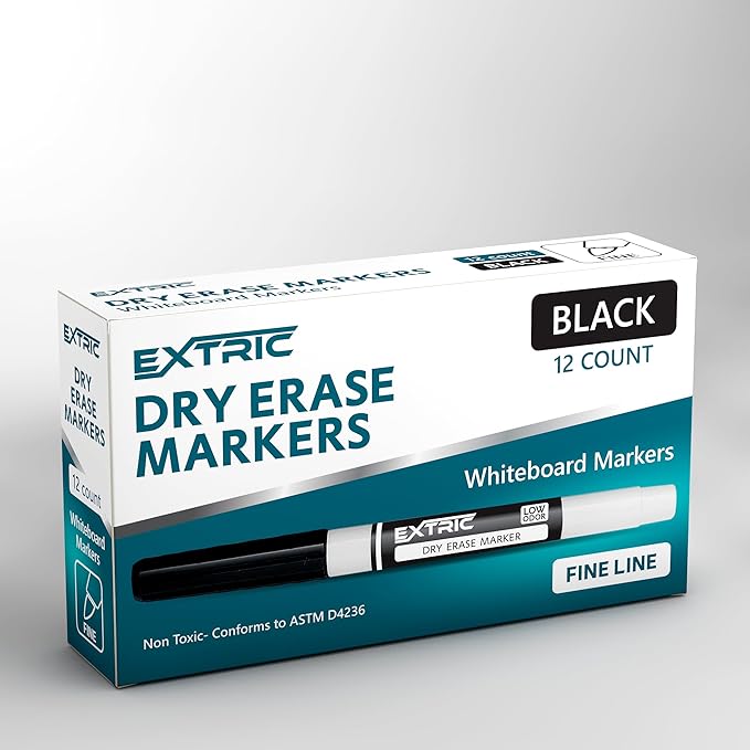 EXTRIC Black Dry Erase Markers Fine Tip, 12 Count Whiteboard Markers, Fine Point Dry Erase Marker, Dry Erase Markers for Kids, White Board Markers Dry Erase