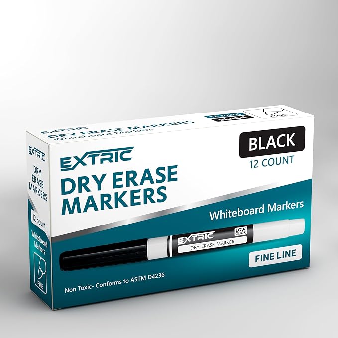 EXTRIC Black Dry Erase Markers Fine Tip 12 PK Whiteboard Markers | Use: School, Classrooms, Offices, Color: Vivid Black Ink, Tip Style: Fine Tip, Feature: Low-Odor and Non-Toxic
