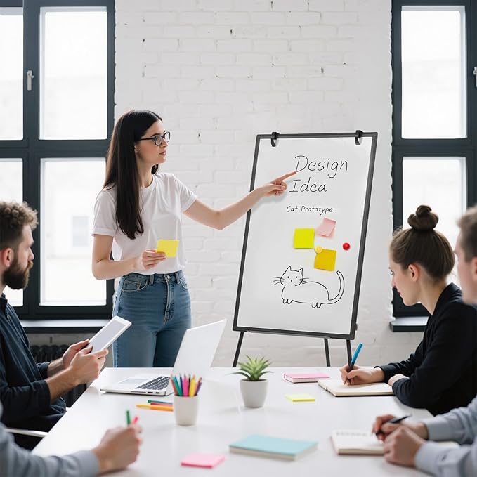 DUMOS Magnetic White Board Easel 36"x24", Silver Aluminium Frame & Black | 36"x24" magnetic dry erase. Height 28"-48" for adults & kids. Foldable for classroom. Includes tray & 2 magnets.