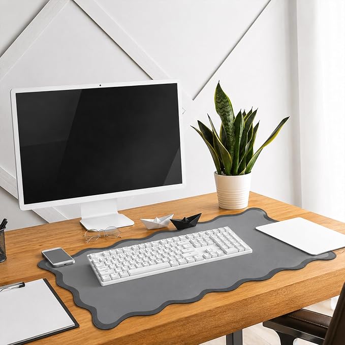 Hahafelt Scalloped Desk Mat Waterproof,Grey,31.5 X 15.8 Inches | Coquette Preppy Style for School Office Makeup Vanity, Nonslip Gaming Desktop Protector with Scalloped Stitched Edge Mat