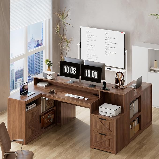 63" Farmhouse L Shaped Desk with Drawers and Printer Stand for Home Office | Computer Desk with Power Outlet, Home Office Desk with Storage Shelves and Monitor Stand, Brown