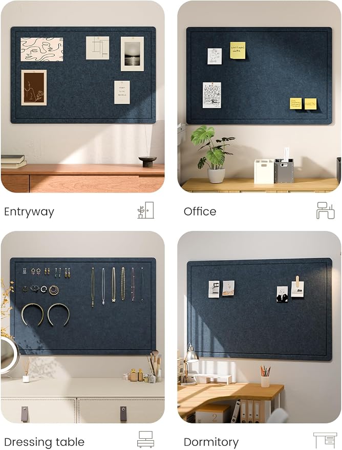Fluxynara 35.4" x 23.6" Bulletin Board, Carbon Blue | Cork Board Alternative with 12 Removable Adhesive Tabs, Foldable Felt Pin Board for Home, Office, Classroom & Dorm