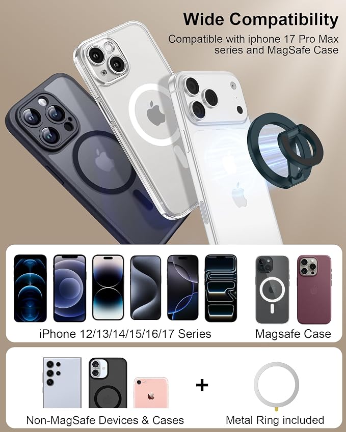 Mag Safe Phone Grip for iPhone 17 Pro Max Apple MagSafe Foldable Kickstand | Magnetic Finger Ring Holder, Magnetic Grip Metal Loop Stand MagSafe Car Mount,iPhone 17e/Air/17Pro/16e/16 Pro Max/15/14/13/12