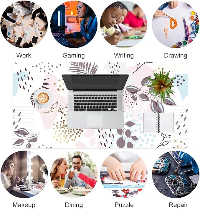 QIYI PU Leather Large Mouse Pad, Waterproof Desk Mat, 31.5" x 15.7", Pastel | Extended Size Gaming Mousepad, Faux Leather Desk Pad, Desktop Writing Pads for School Office Home, Abstract Leaves