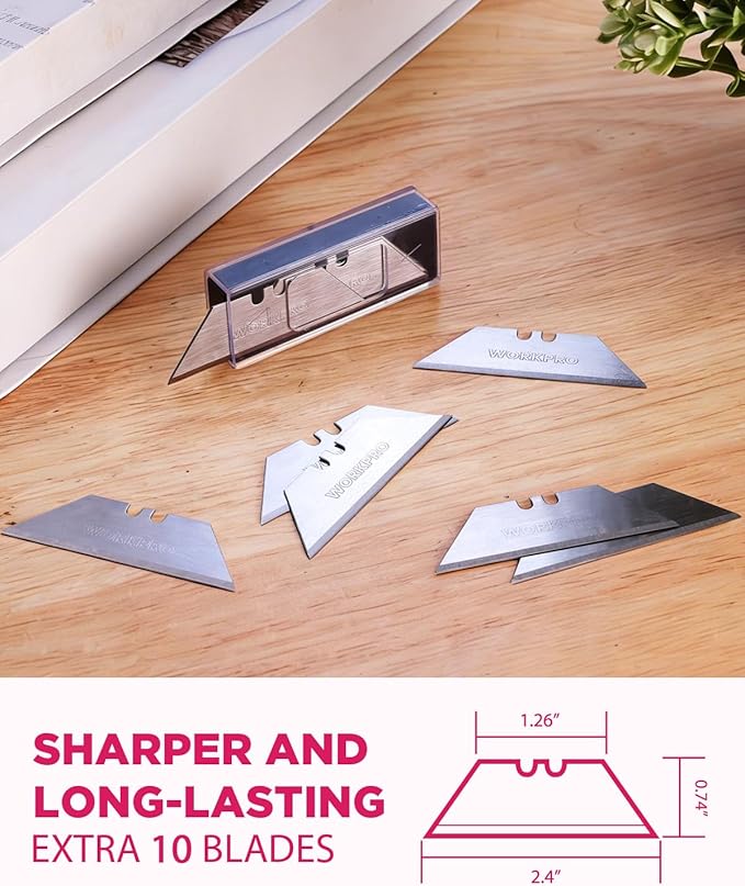 WORKPRO 3-Pack Folding Utility Knife, Pink Box Cutter Quick Change Blade Razor Knife, Back-lock Mechanism with 10-piece Extra Blades, Pink Ribbon