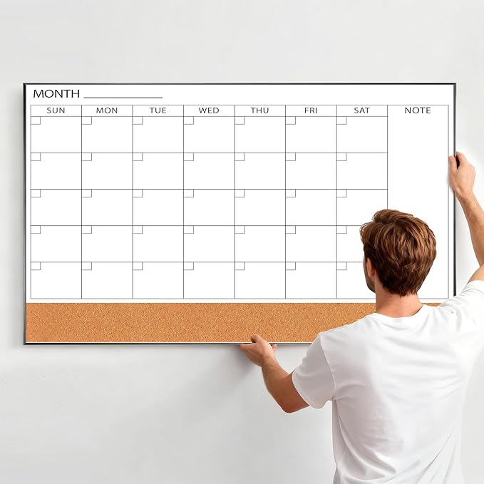Large Dry Erase Calendar with Cork for Wall | 48"x 30" Magnetic Calendar Whiteboard with Black Frame, Monthly Combination Board for School, Home, Office