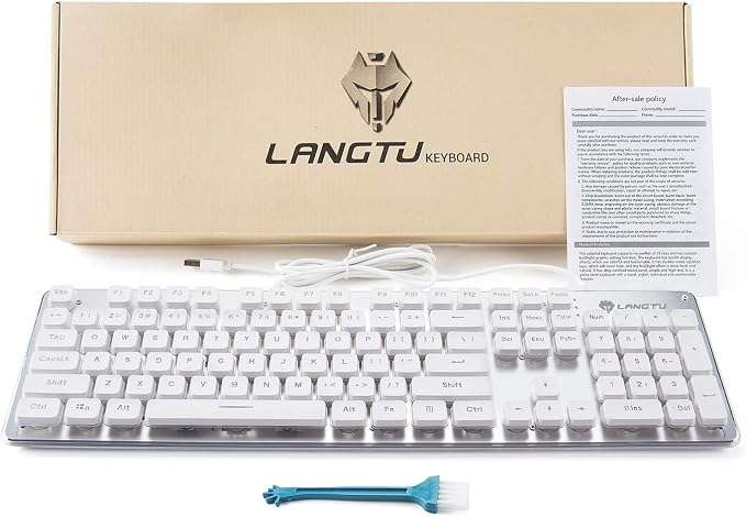 LANGTU Membrane Gaming Keyboard, Rainbow LED Backlit Quiet Keyboard for Office, USB Wired All-Metal Panel 25 Keys Anti-ghosting Computer Keyboard 104 Keys - L1 White/Silver