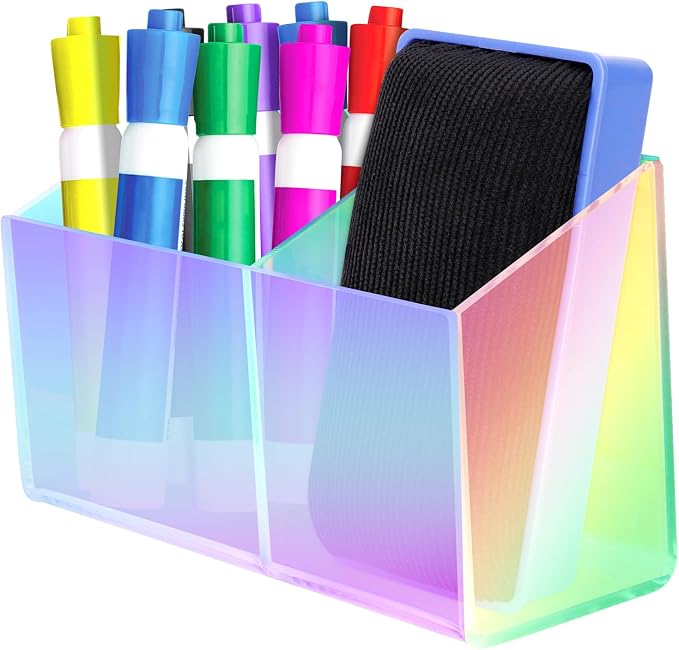 Magnetic Dry Erase Marker Holder for Whiteboard,Acrylic Magnetic Pen Holder for Fridge, 2 Compartments Whiteboard for Office, Home, Locker(Clear)-Colorful