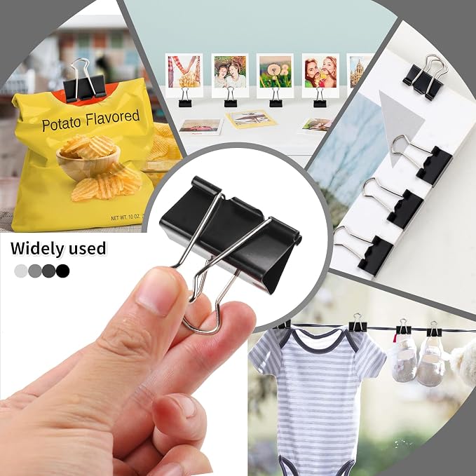 125Pcs Binder Clips Colored, Binder Clips Assorted Sizes, 6 Sizes Binder Paper Clips for Office Supplies/Home/School (Black)