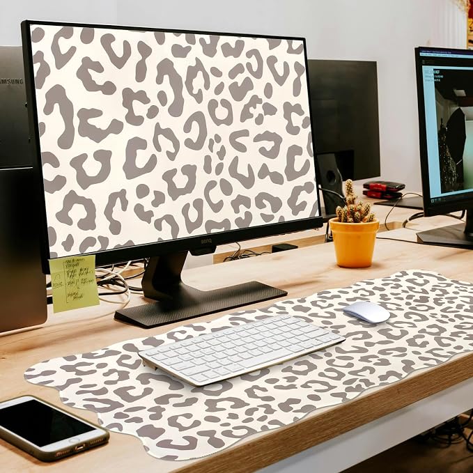 L-SPOUTTO Beige Leopard Mouse Pad,Scalloped Desk Mat XXL Gaming Mousepad | Cheetah Large 35.4x15.7in Non-Slip Rubber Base Keyboard Pad Waterproof Desktop Mat for Laptop Computer Game Home Office