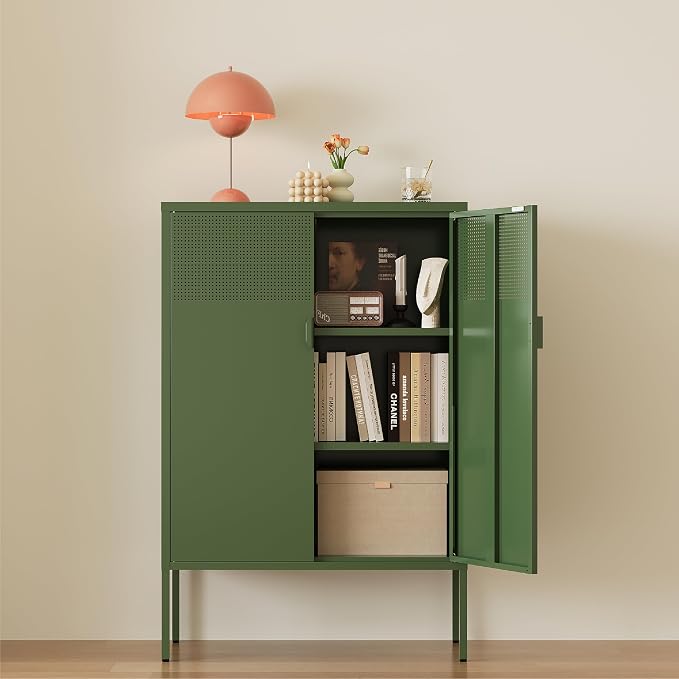 Metal Storage Cabinet,2 Door TV Stand, Metal Mesh Accent Cabinet | Magnetic Door Closure,Low Storage Cabinets with Doors and Shelf for Home,Office,Living Room