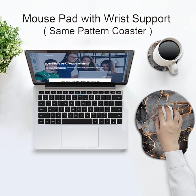 Ergonomic Mouse Pad with Wrist Support Rest,Large Mousepad Gel Wrist Rest, with Coaster Non-Slip & Pain Relief for Computer, Desk, Home&Office-Black Golden Marble