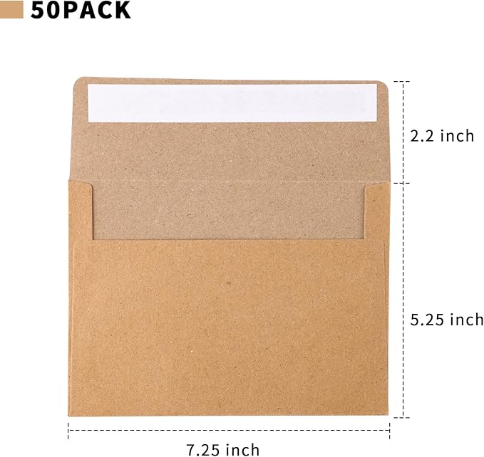 Granhoolm 50 Pack Envelopes - 5x7 for Invitations & Greeting Cards - Peel & Press, Ideal for Weddings (Kraft)