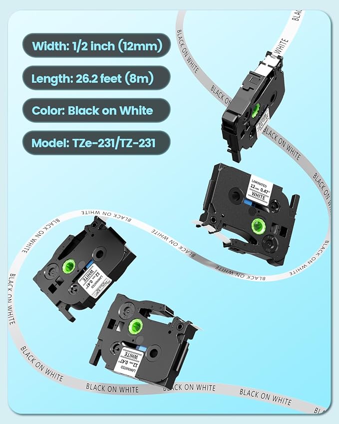 TZe TZ Tape 12mm 0.47 Laminated White Replacement for Brother Label Tape | P Touch Label TZe-231 TZe231 Compatible with Brother PT-D210 PT-D220 PT-H110 PT-D410 PT-P710BT, 12mm x 8m, 4-Pack