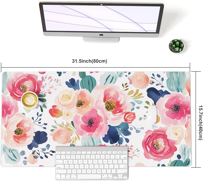 Faux Leather Large Mouse Pad, Office Desk Mat, 31.5"x15.7", Pink Floral | Desk Décor Accessories, Extended Size, Waterproof & Easy to Clean, Smooth Surface, Non Slip Desk Organization