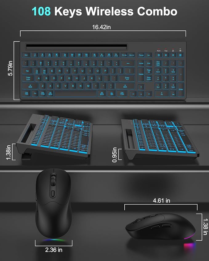 Wireless Keyboard and Mouse Combo, 7 Backlit Effects, Light Up Letters, Rechargeable, Phone Holder, 6 Button Mouse, Ergonomic Tilt Angle, 2.4GHz Silent USB Keyboard Mouse for Laptop, PC