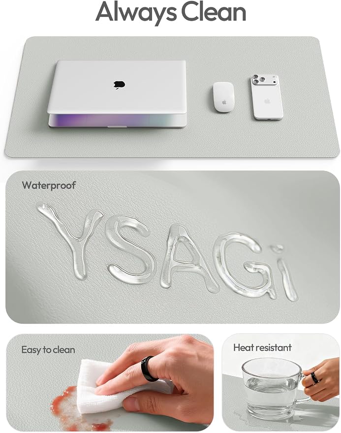 YSAGi Leather Desk Protector, Office Mat, Large Mouse Mat, Non-Slip PU Leather Blotter, Laptop Desk Mat, Waterproof Writing Pad for Office and Home (Light Grey, 35.4" x 17")