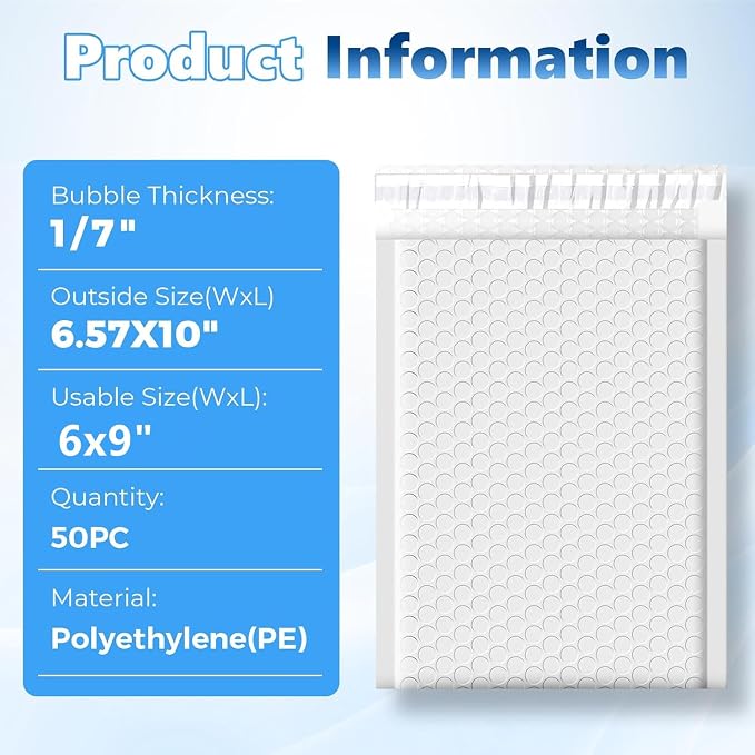 Metronic Bubble Mailers 6x10" 50Pack Padded Envelopes True 6x9" Usable Size | 50% Thicker 1/7" Bubble, Self Seal Waterproof Bubble Envelopes for CD,DVD,Jewelry,Makeup&Small Business,#0,White