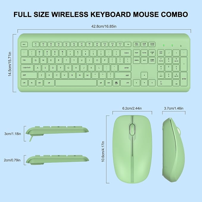 Wireless Keyboard and Mouse Combo, Full-Size Silent Ergonomic Keyboard and Optical Mouse, Long Battery Life, 2.4G Lag-Free Mice Keyboard for Mac, Laptop, PC, Windows(Avocado Green)