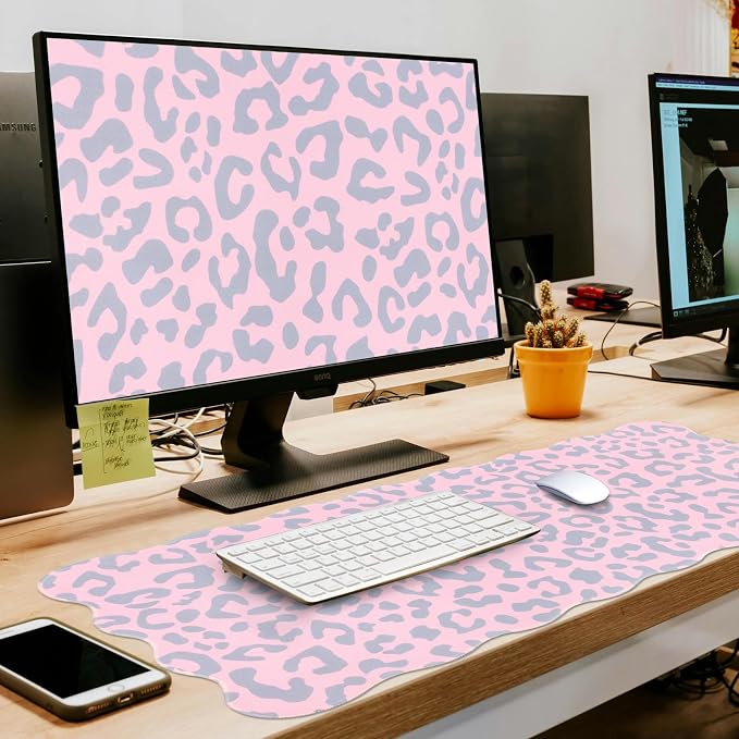 L-SPOUTTO Pink Leopard Mouse Pad,Scalloped Desk Mat XXL Large Cheetah Gaming Mousepad,35.4x15.7in Non-Slip Rubber Base Keyboard Pad Waterproof Desktop Mat for Laptop Computer Game Home Office