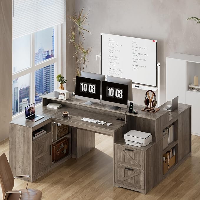 63" Farmhouse L Shaped Desk with Drawers and Printer Stand for Home Office | Computer Desk with Power Outlet, Home Office Desk with Storage Shelves and Monitor Stand, Gray