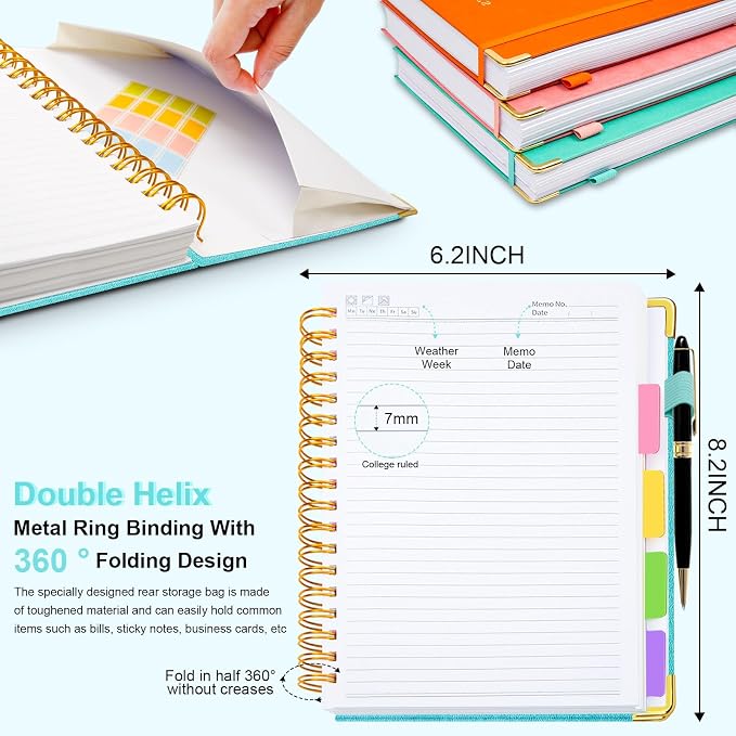 Hardcover Spiral Notebook 6.2"x 8.2" Journal Notebook with Tabs and Removable Dividers 300 Pages 5 Subject Notebook College Ruled, Faux Leather Spiral Bound Notebook for Women School Work (Blue)