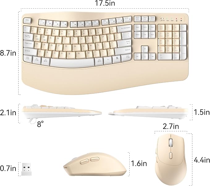 Wireless Keyboard and Mouse Combo,2.4G Ergonomic Wave Keys(Latte Color-A) | Full Size Cordless Keyboard with Wrist Rest,3-Level DPI Ergonomic Mouse for Office and Home,Windows/Mac OS/Desktop/Laptop/PC