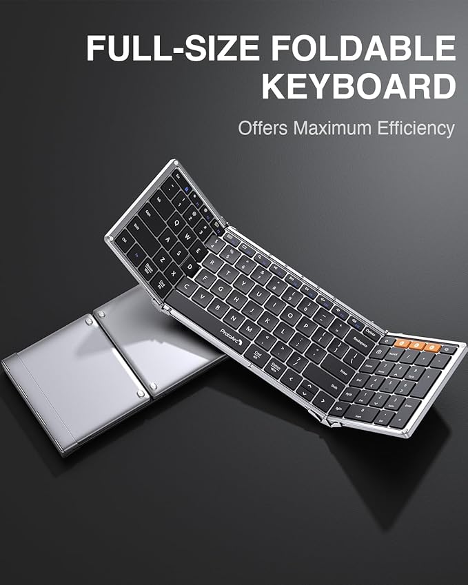 ProtoArc XK01 Full-Size Foldable Bluetooth Keyboard for Travel, Silver | 105 keys, number pad, 0.65in keycaps, 3-device Bluetooth 5.1 switching, USB-C charging, for laptop tablet phone