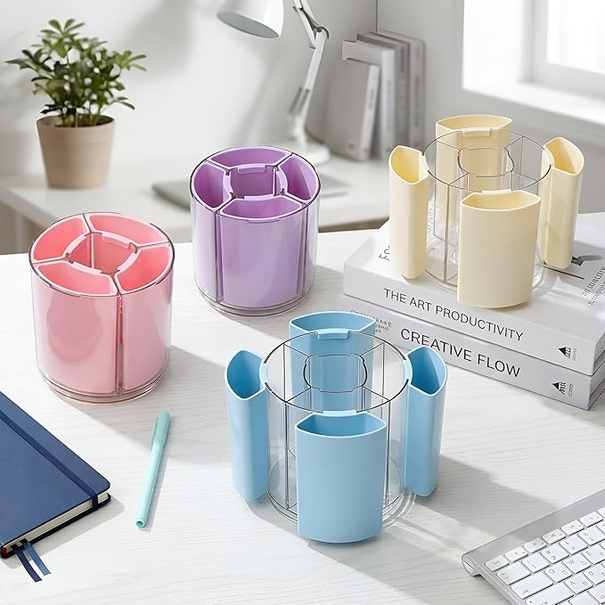 Comix 360° Rotating Pen Holder for Desk, Pencil Holder with 5 Slots, Cute White Plastic Desk Organizer for Home School Office Supplies