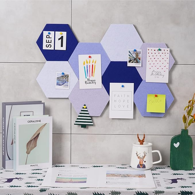 8Pcs Hexagon Felt Cork Board Tiles Self Adhesive Bulletin Board, Pin Board for Wall Decor Memos Photos Display (Set B)
